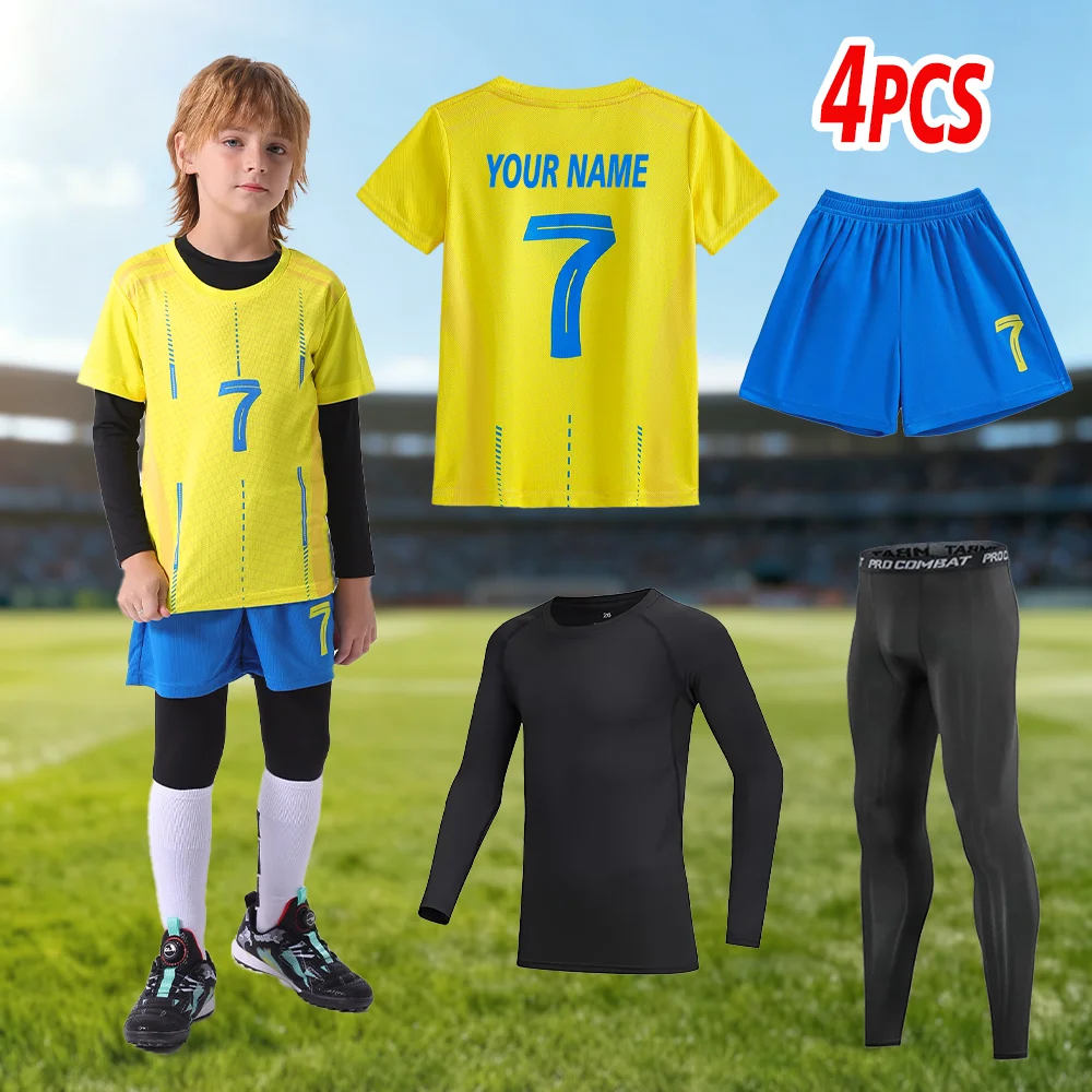 4PCS Football Kids Set Yellow Football Jersey+Short+Black Stretchy Workout Set Breathable Quick-dry Children's Sports Uniforms