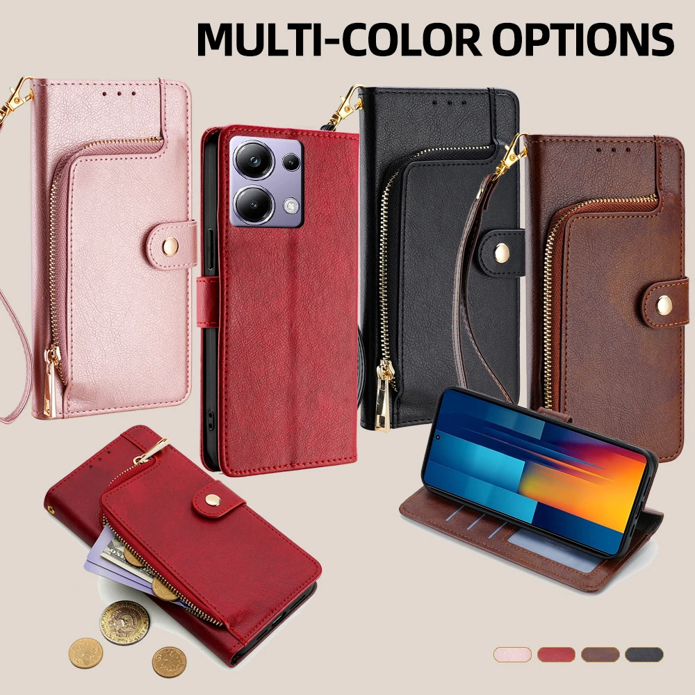 GEFENIS Poco M6 Pro 4G Case Retro Zipper Wallet Cover For Xiaomi Poco M6 M5 M4 M3 M2 Pro M5S Leather Flip Book Case With Hand Ro