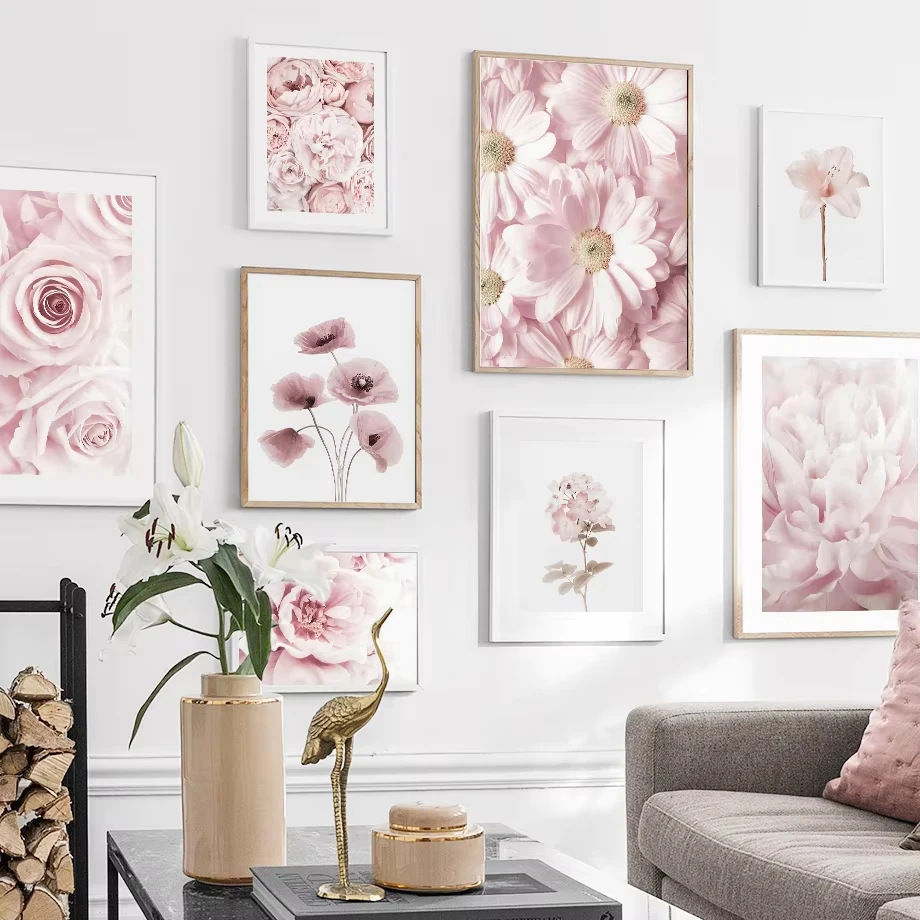 Pink Rose Peony Daisy Flowers Posters and Prints Gallery Wall Art Canvas Painting Plant Wall Pictures for Living Room Home Decor
