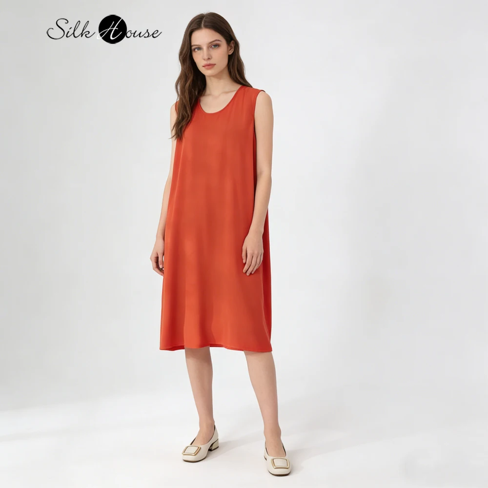 

Plus Size Vacation Style 100% Natural Mulberry Silk Crepe De Chine Comfortable Round Neck Sleeveless Women's Casual Vest Dress