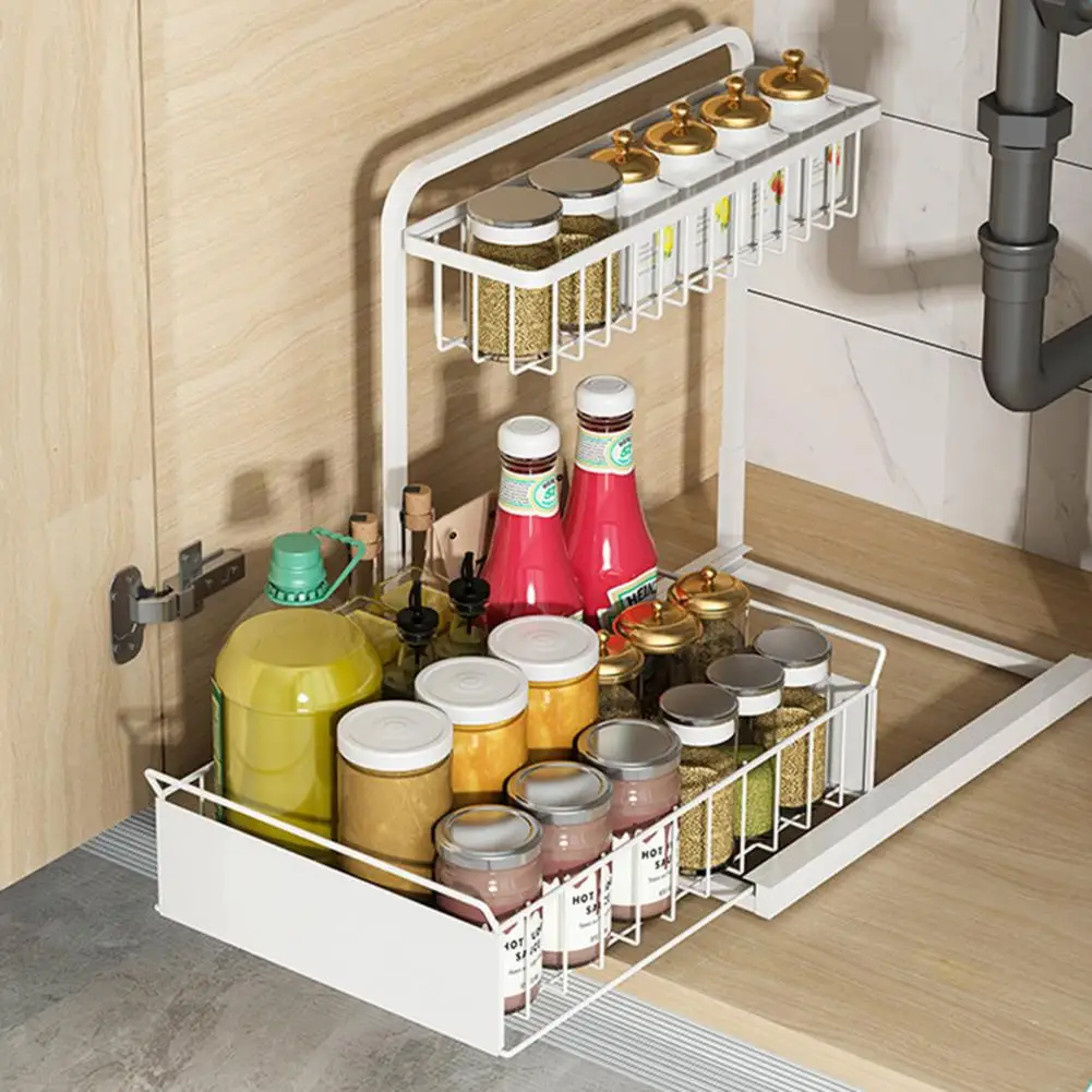 Pull-out Cabinet Tray Carbon Steel under Sink Organizer with Sliding Drawer for Kitchen Bathroom Clutter-free for Efficient