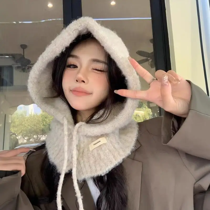 

Knitted Balaclava Hat Outdoor Warmer Drawstring Caps Scarf Integrated Hooded Neck Collar Ski Snow Beanies Cap Ear Flap Hats