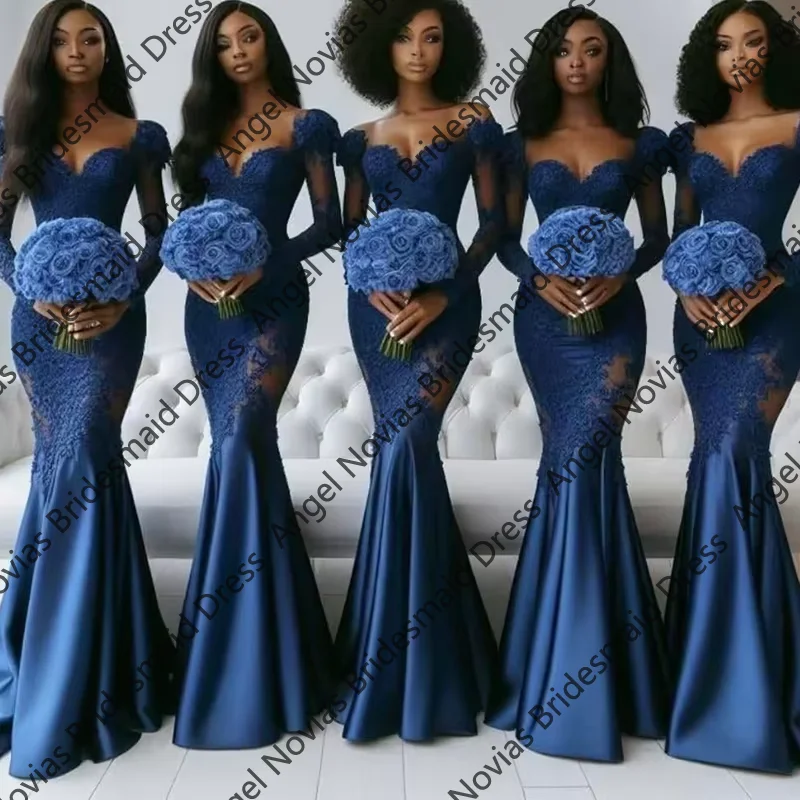 

Long Sleeves Customized Blue Mermaid Bridesmaid Dresses Formal Wedding Party Dress vestidos de fiesta elegantes