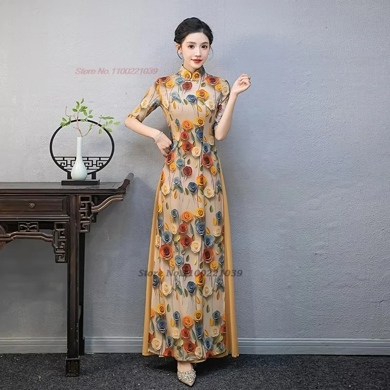 2025 ao dai vietnam traditional dress chinese improved dress cheongsam stage dress flower print banquet evening dress qipao