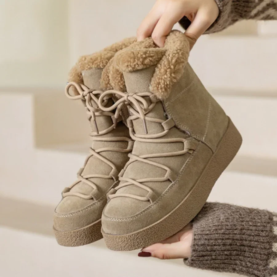 2023 Winter New Platform Plush Snow Boot Fashion Thick Soled Nude Boot Premium Thickened Warm Cotton Shoe Women Popular Designer