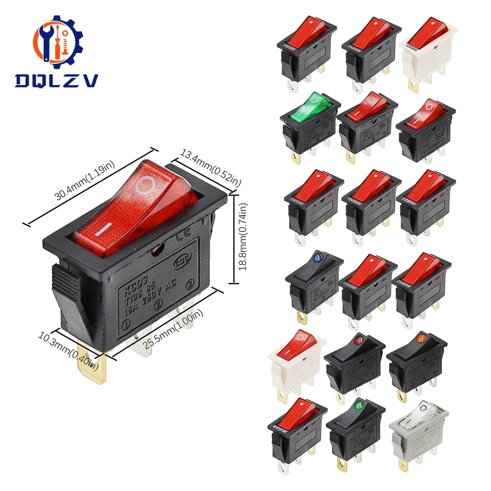 KCD3 220V ON/OFF SPST Rocker Switch Single Pole Single Throw 2 3 Position 20A 125VAC With LED Light