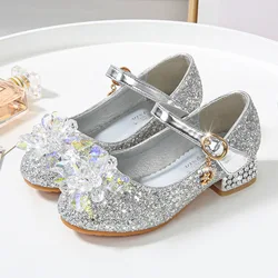 Children Leather Shoes For Girls High Heels Shiny Crystal Pillar Sequin Princess Kids Dance Shoes Attend A Evening Party Shoe