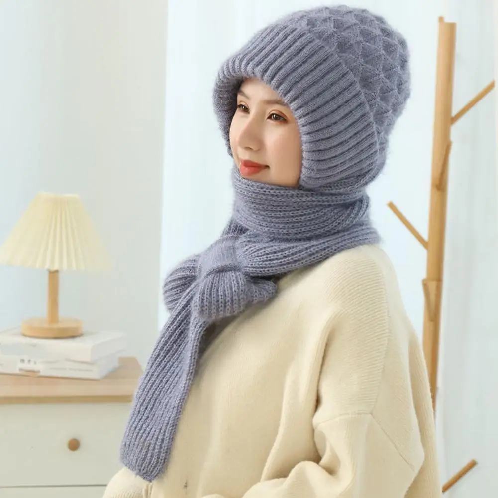 Integrated Hat Scarf Set For Women Winter Thickened Knitted Skullies Hat Keep Warm Ear Protection Cap For Cycling