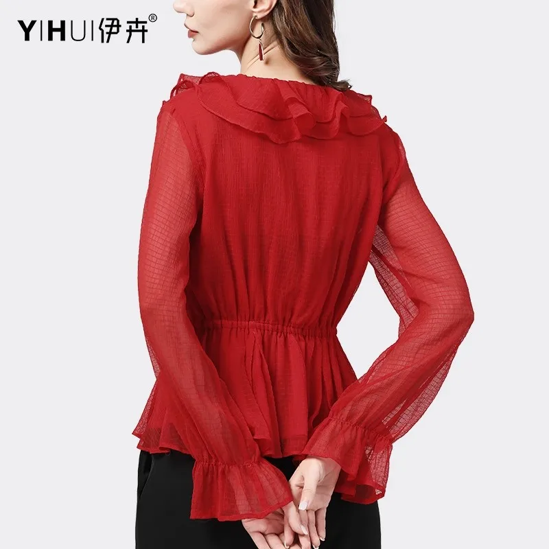 여성용 쉬폰 플레어 롱 슬리브 셔츠 러플 V넥 탑 레드 허리 조임 슬림핏 웨스턴 스타일 캐주얼 블라우스