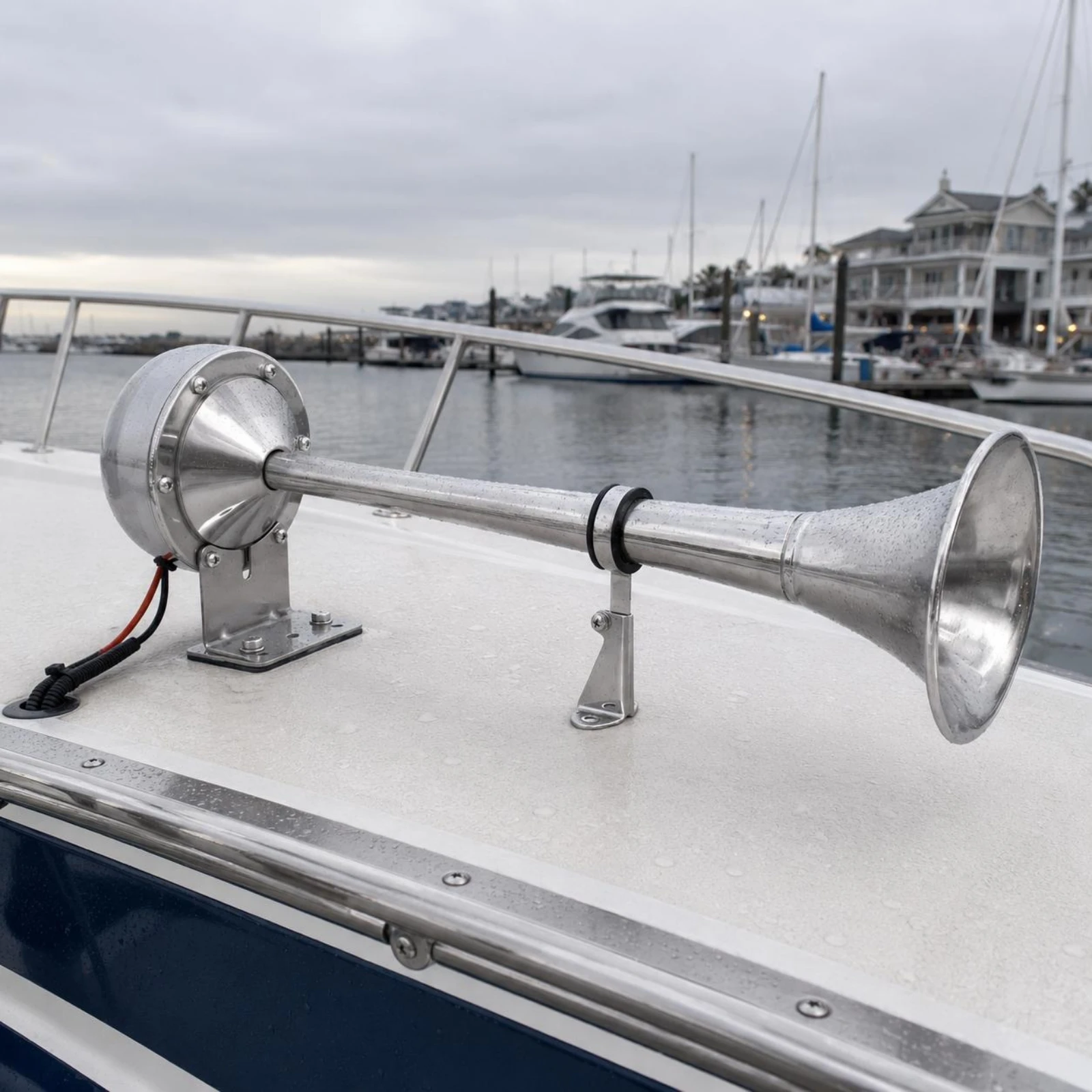 

Polished Silver Marine Horn Easy Installation Wiring Included Single Trumpet Vehicle Accessory for Alerting