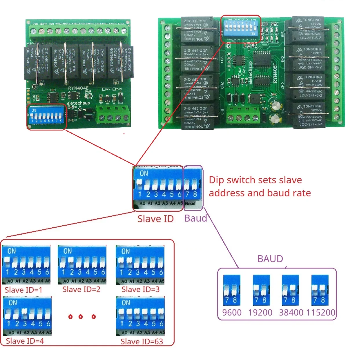 

4-канальный 8-канальный съемный релейный модуль Modbus RTU постоянного тока 12 В/24 В 10 А 250 В переменного тока с дистанционным управлением ввода-вывода с DIP-переключателем для Baud Rate Slave ID PLC HMI Home
