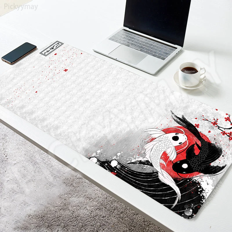 Mousepad besar XXL alas Mouse kantor seni Jepang ikan Koi alas meja komputer bantalan Keyboard alas Mouse Hitam karet Deskpad besar