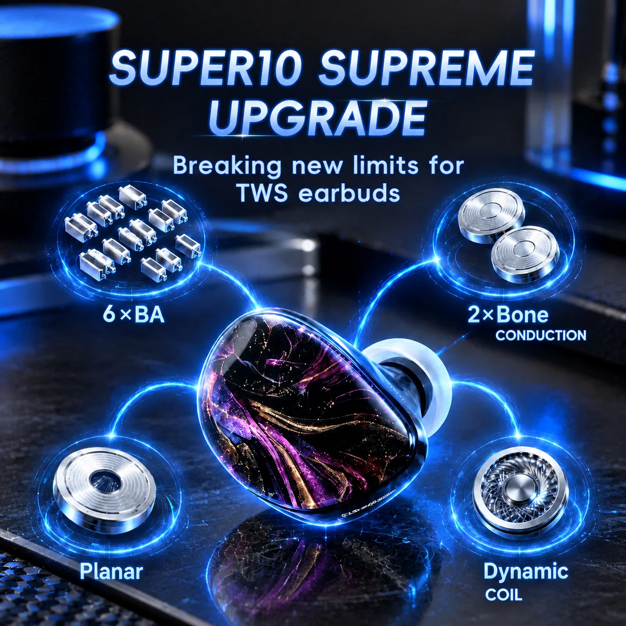 GEEKFLY SUPER 10 TWS Wireless Earbuds HiFi 10-Driver 6BA+2BC+Planar+DD BT6.0 QCC3091 CVC 36H 3D Resin Earphones