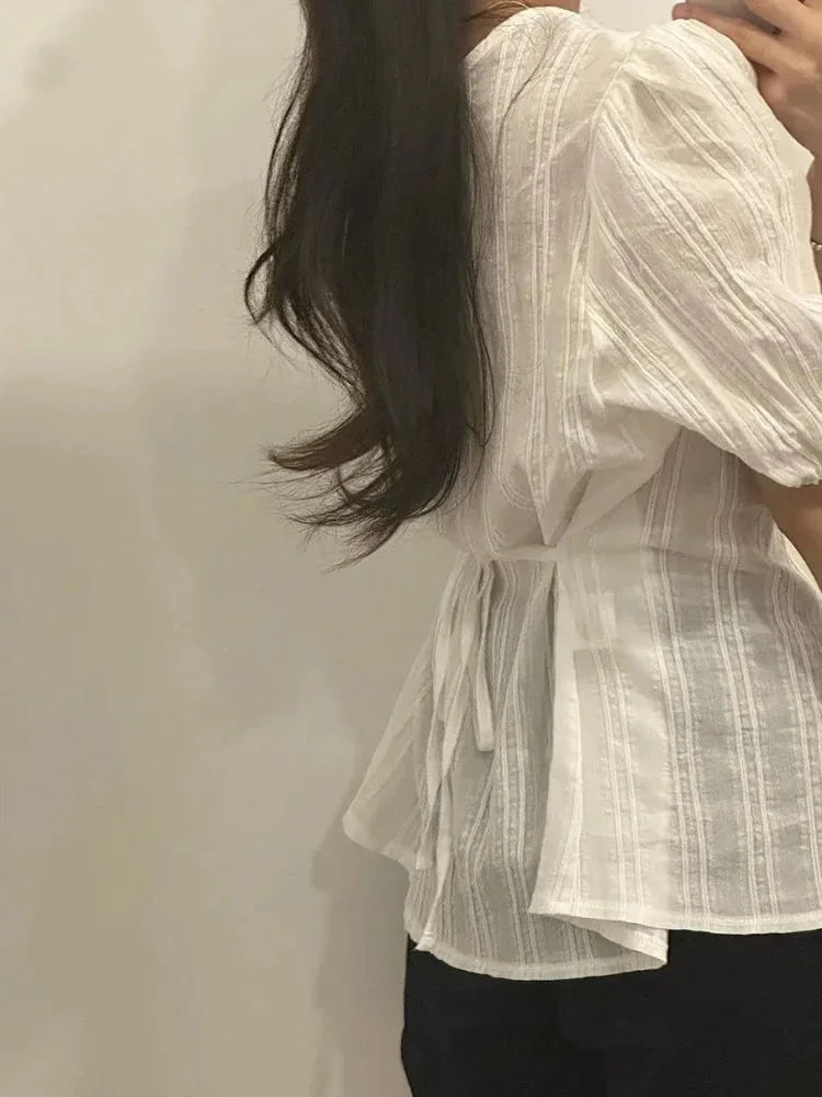 Fashion Solid Color Simple Single Breasted Women Shirt Top New Women's Round Neck Bubble Sleeve Tie Short Sleeve Shirt Summer