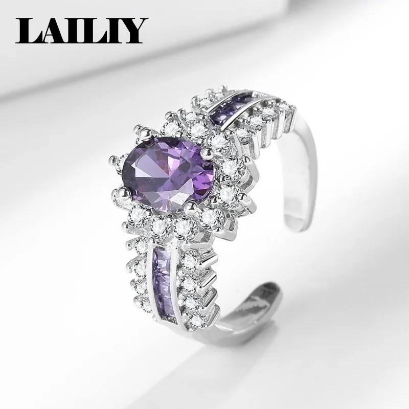 LAILIY925 Sterling Silver Gift Party Diamond Purple Gemstone Zircon AdjustableOpening Ring for Women Fashion Jewelry Accessories
