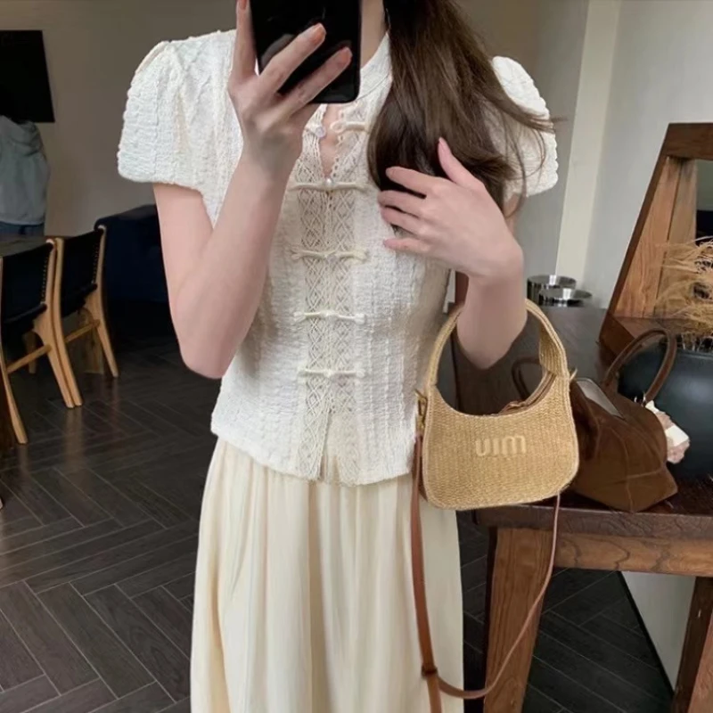 

Women's Spring/Summer New Chinese Lace Shirts A-Line Skirt Set Vintage Elegant Buckle Stand-Collar Shirts Skirt Two-Piece Sets