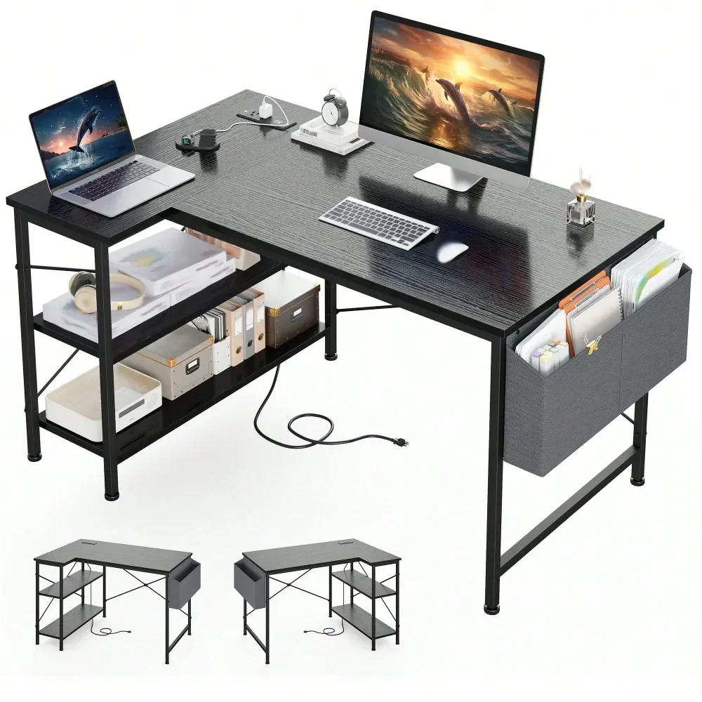 

computer desk table office deskLShaped 40 W Computer Desk With Power Outlets Home Office Desk With Storage Shelves For Small Roo