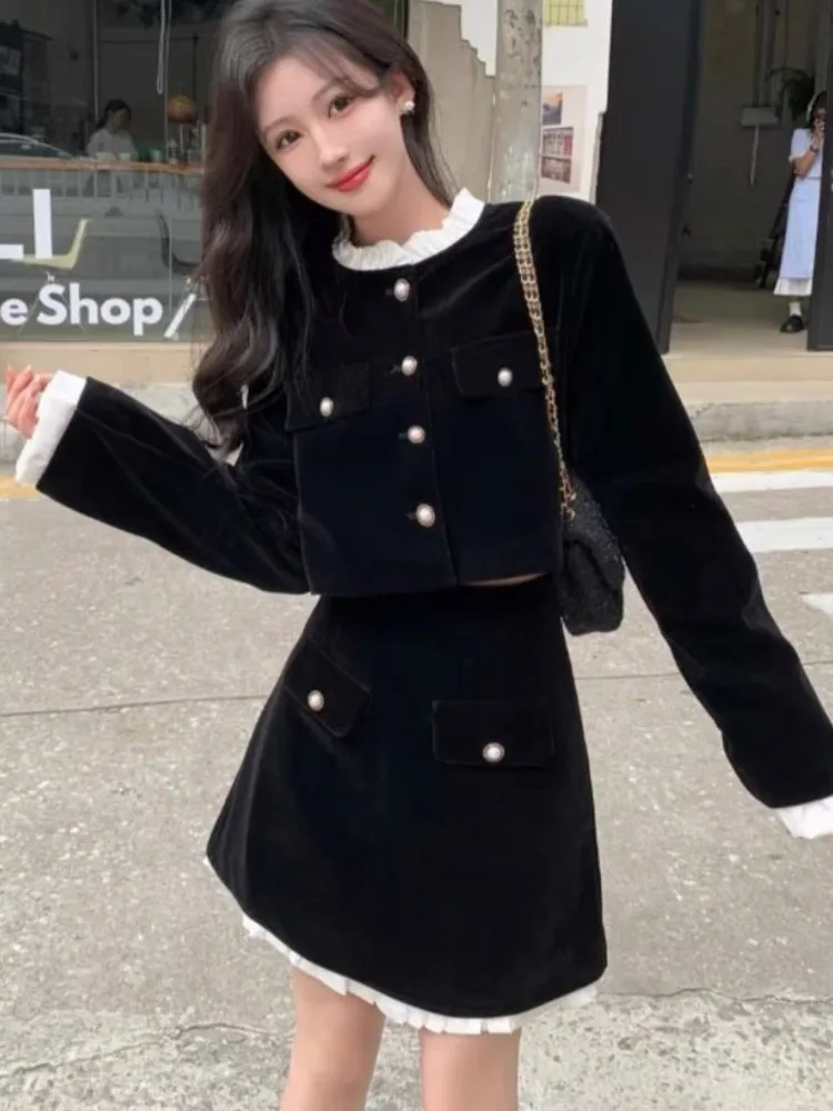 Autumn Elegant Velvet Two-piece Skirt Sets Long Sleeve Cropped Top Bodycon Mini Skirts Ruffles Korean Fashion Female Outfit New