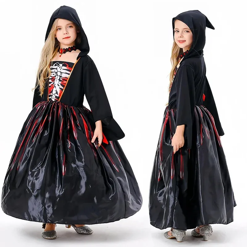

Sydanne New Girls Witch Dress Cosplay Costume Black Horror Party Kids Hooded Dress Skirt Halloween Costume
