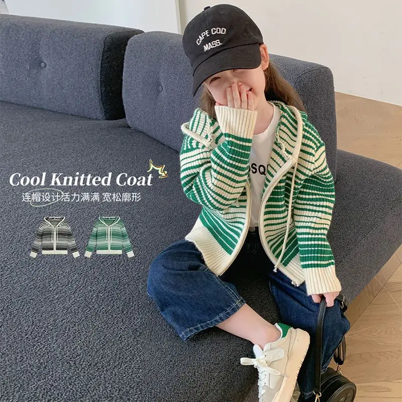 

Girls' Striped Contrast Color Hoodies Cardigan 2022 Spring and Autumn New Simple Children's Clothing Baby Girl Sweater