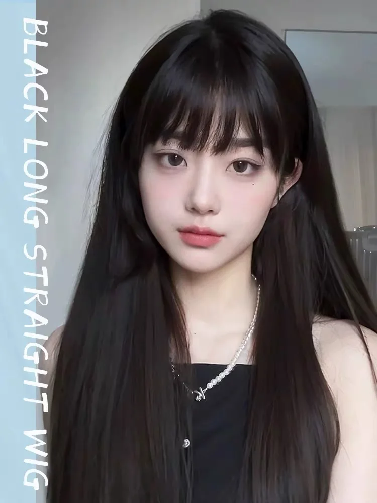 

New Long Straight Synthetic Wig Black Natural Fluffy Bangs White Women's Cosplay Party Daily Wig Heat Resistant Full Head Cover