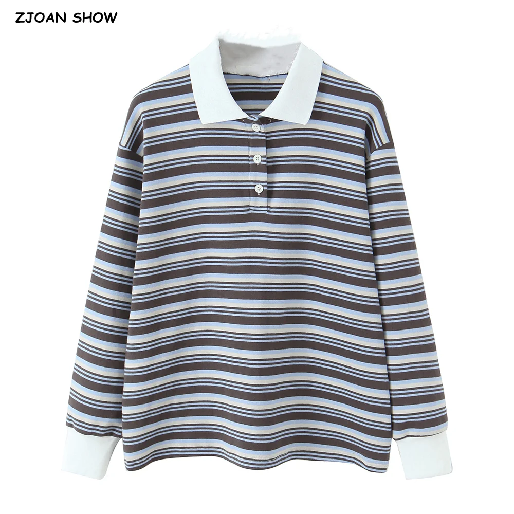 

American Retro Women Contrast Color Rib Knit Open Buttons Polo Collar Striped Long Sleeve T-shirt Loose Tee Base Casual T-shirts