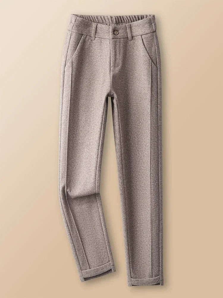 Nuevos pantalones de lana de invierno para mujer, pantalones Harem de cintura alta elásticos cálidos gruesos en espiga, pantalones holgados de moda negros hasta el tobillo