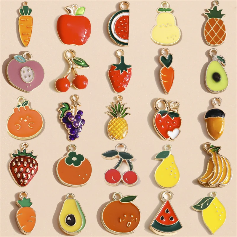 20 piezas de bonitos dijes de frutas esmaltados, fresa, plátano, cereza, uva, colgantes para hacer joyas, collares, pendientes, regalo DIY