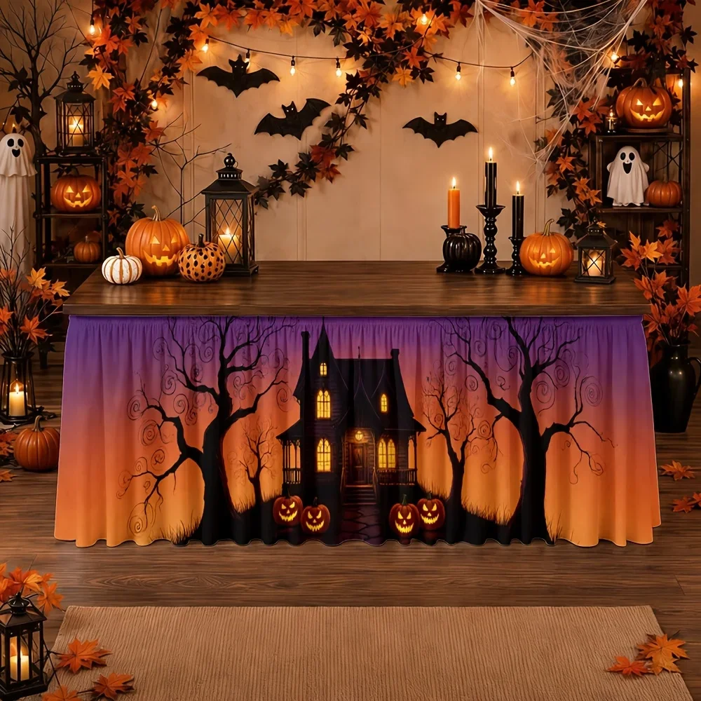 Halloween table skirt, printed design, featuring ghostly haunted houses and pumpkin trees, with a sunset glow effect