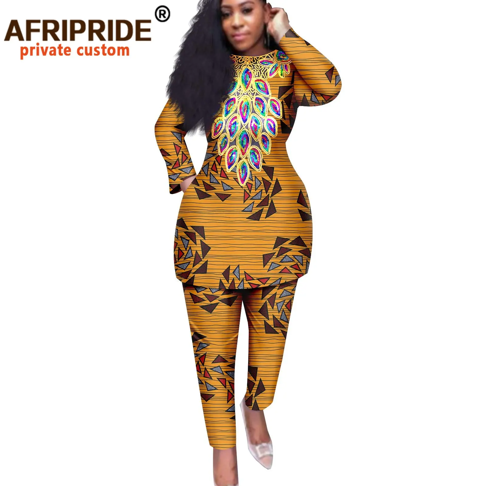 Top de tecido estampado para mulheres afro-americanas com calça, deslumbrante conjunto de estampagem, manga longa, plus size, moda, A2226026