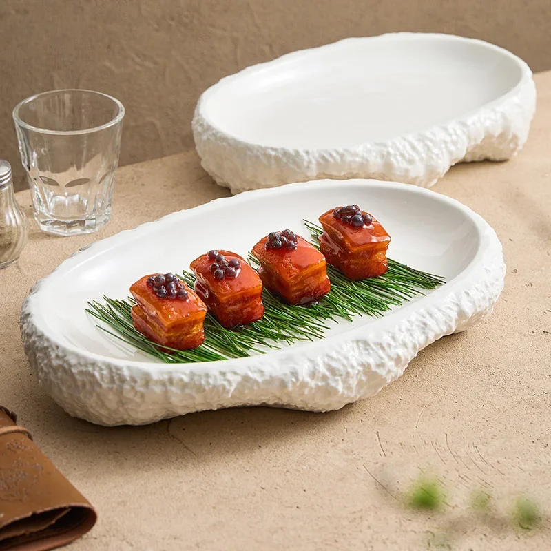 Rock oval plate dish household deep dish white porcelain cold dish  private cuisine club hotel tableware plate.
