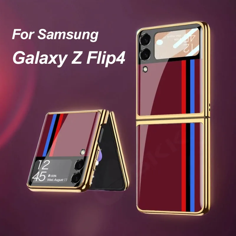 Painted Tempered Glass Hard Case For Samsung Galaxy Z Flip 4 Screen Glass Protective Plating Cover For Galaxy Z Flip 5 4 3 Cases