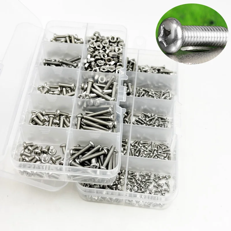 500/320pcs Cross Round Head Screw Nut Set M1 M1.2 M1.4 M1.6 M2 M2.5 M3 Stainless Steel Cross Round Phillips Pan Head Screw Bolt