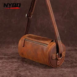 Male Crazy Horse Skin Postman Cylinder Crossbody Bag for Men Retro Pillow ShoulderBag Sacoche Homme Classic Messenger Bag