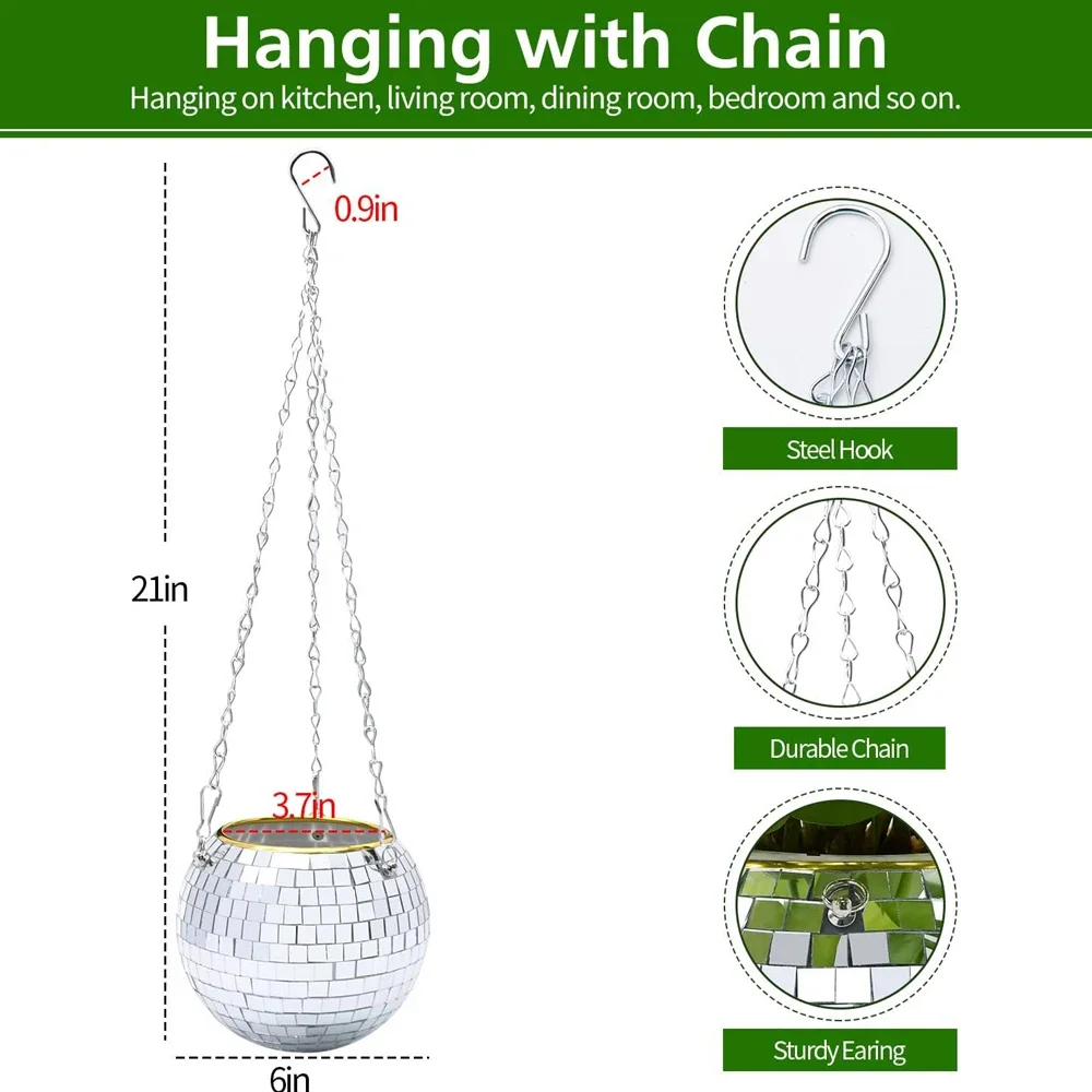 Disco Ball Planter, Disco Ball Plant Hanger with Hanging Rope, Hanging Chain, Hook, Circle and Extra Mirror Pieces