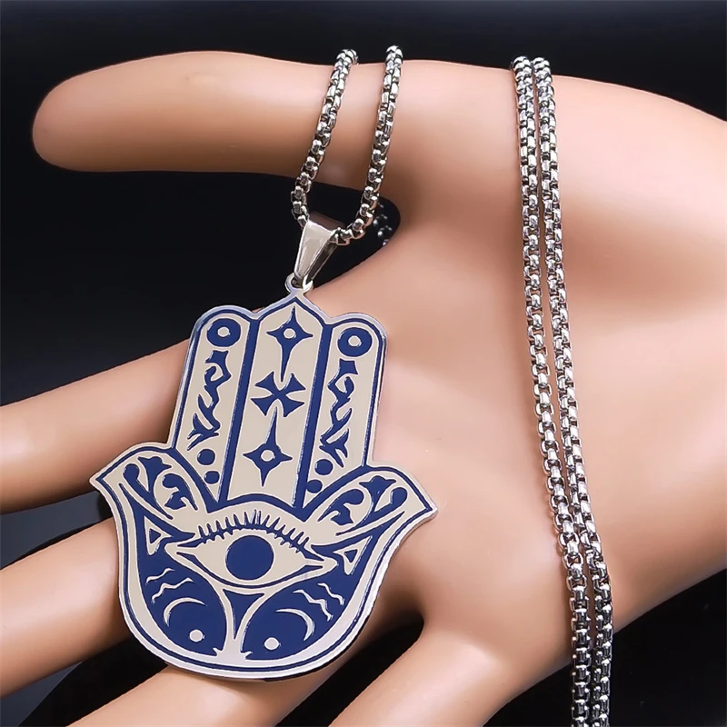 Hand of Fatima Hamsa Necklace for Women Men Stainless Steel Blue Color Turkey Eye Fish Big Pendant Necklace Jewelry collier