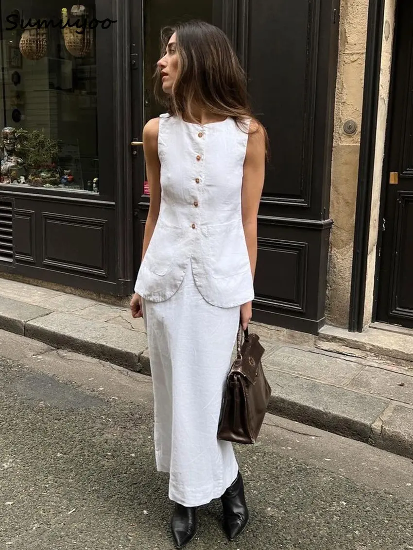 Sumuyoo Summer Slim White Cotton Two Piece Set Women Outfit 2023 Elegant Sleeveless Tops With High Waist Long Skirts Sets
