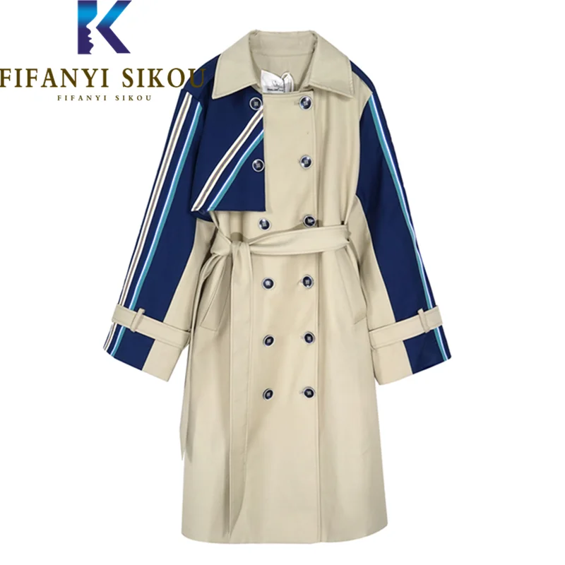 

2022 Autumn Long Trench Coat Women Double Breasted Belt Fashion Lapel Patchwork Trench Coat Female Casual Slim Windbreaker