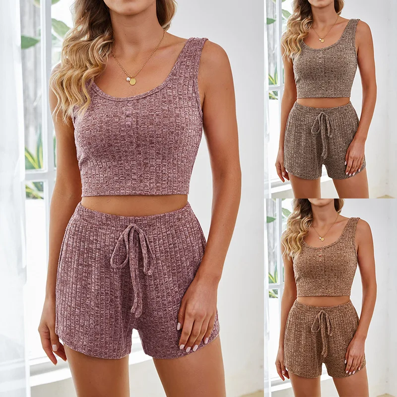 Elastic Waist  Pajamas Set for Women Casual Sleepwear Tank Vest Top and Shorts Sexy Strap Nightwear Shorts Nightie Suits ﻿