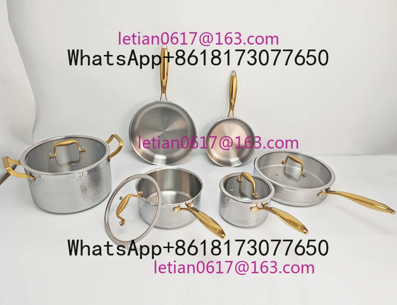 Bestseller con buena calidad, ollas y sartenes de acero inoxidable martilladas de 3 capas, olla de inducción, juego de utensilios de cocina de acero inoxidable dorado de 10 Uds.