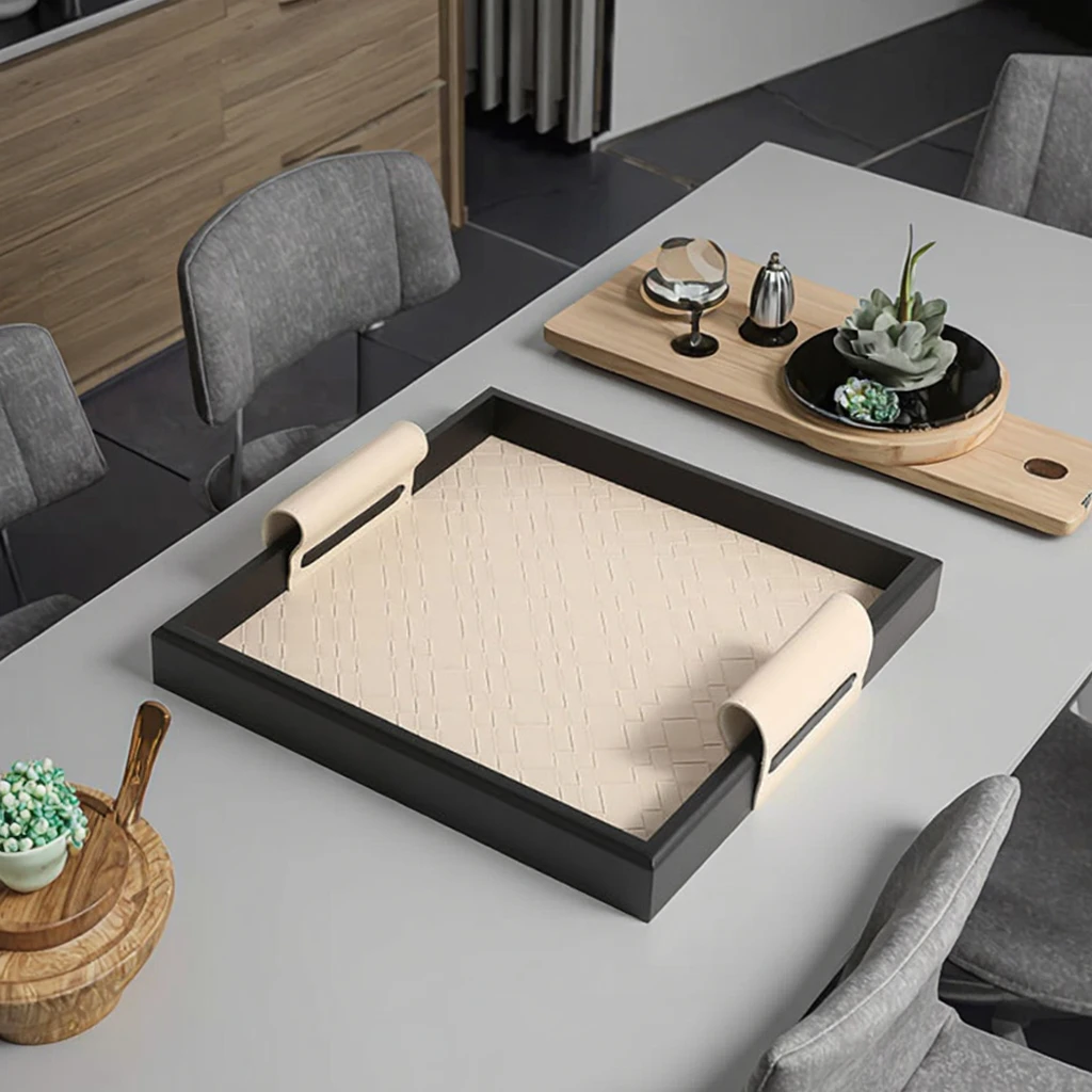 

Outstanding Quality Beige Rectangle Leather Decorative Metal Service Trays Interior Table Home Decor Products Accessories