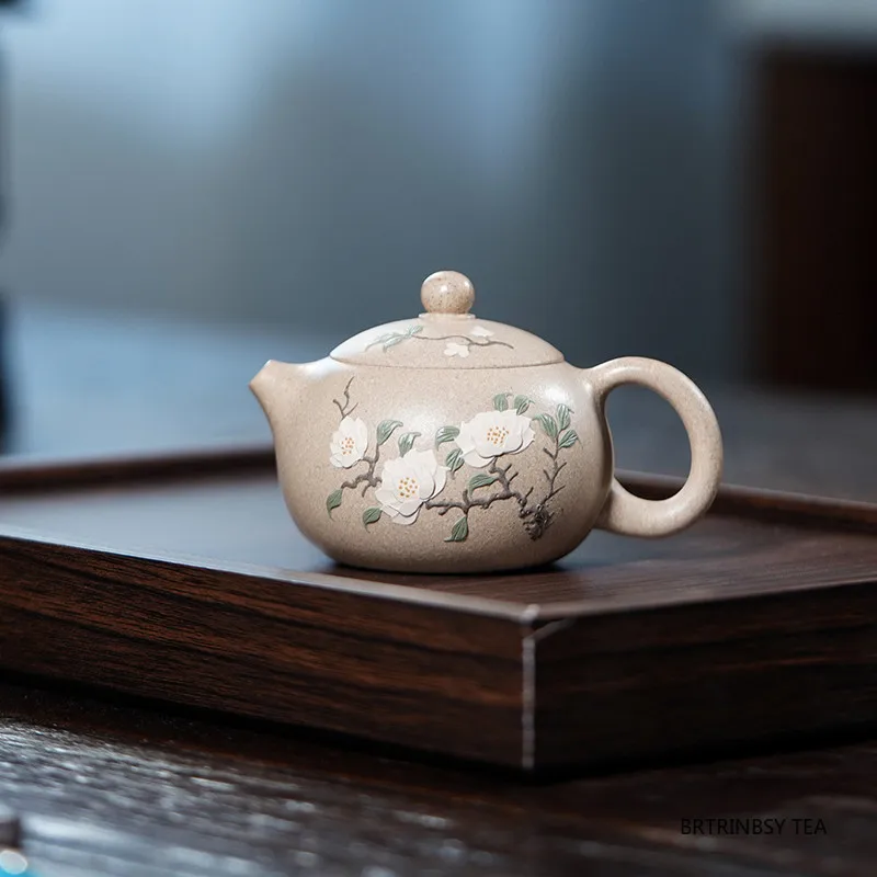 

130ml Chinese Yixing Purple Clay Teapot Handmade Flowers Xishi Tea Pot Raw Ore White Duan Mud Kettle Household Zisha Tea Set