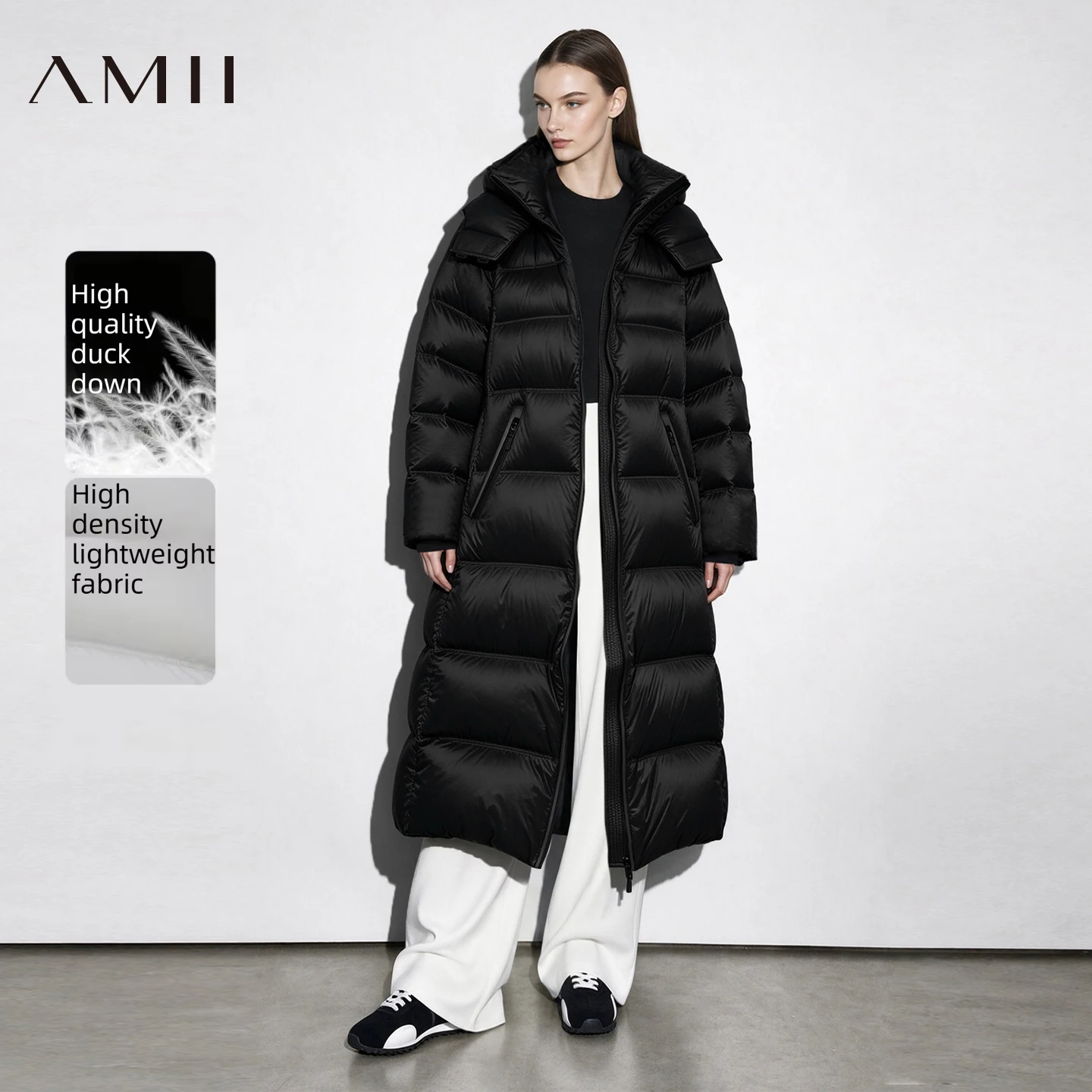 Amii Minimalist Women's Down Jacket 2026 New Warm Windproof Stand Collar Hooded Women's Winter Jacket Long Coat Top 12644068