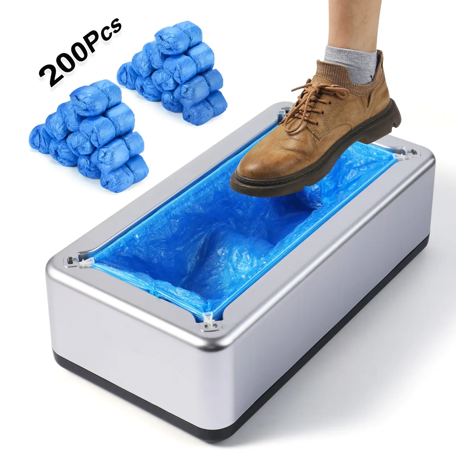 Shoe Cover Dispenser with 200‑Pack Non‑Slip Disposable Shoe Covers, Durable User‑Friendly Shoe Cover Machine, Fits up to US Men’s Size 11, Silver, for Home & Hospital Indoor Use, Household Supplies