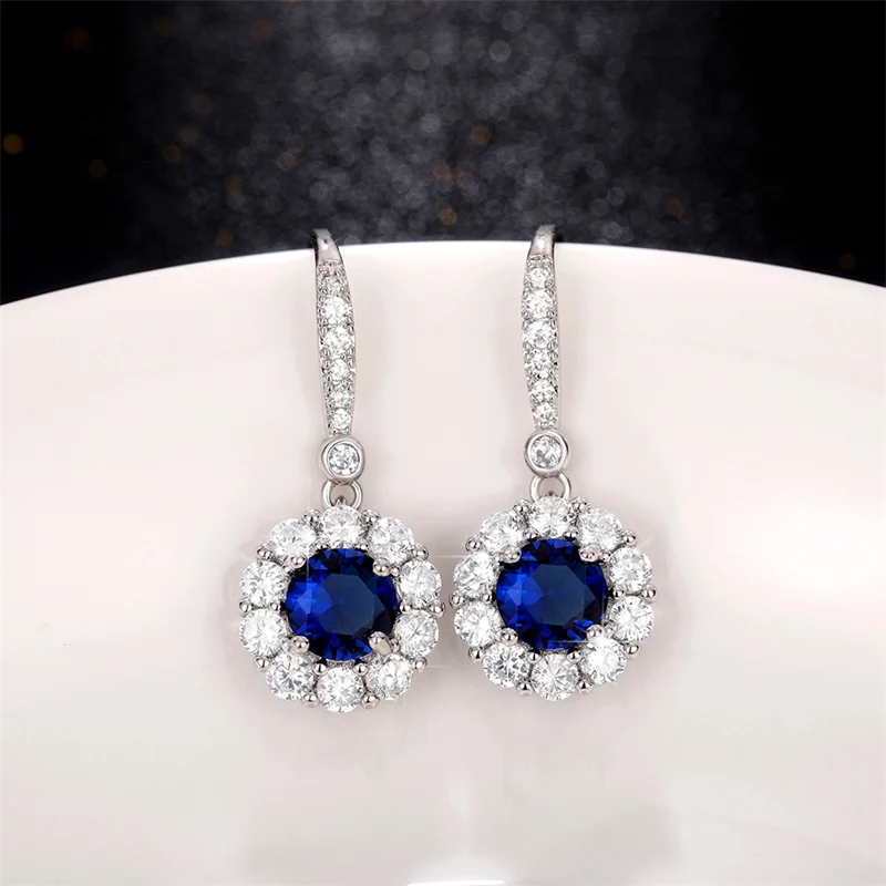 Huitan Noble Blue CZ Hanging Earrings Silver Color Full Bling Iced Out Brilliant Dangle Earrings Anniversary Party Women Jewelry