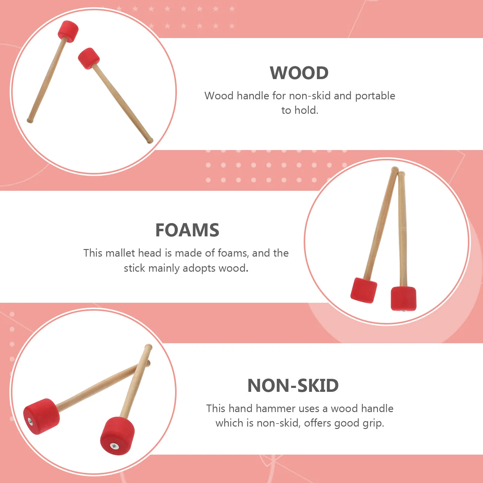 

2Pcs Big Drum Hammer Foam Head Wood Handle Lightweight Percussion Mallet for Bass Drum Practice School Band Red