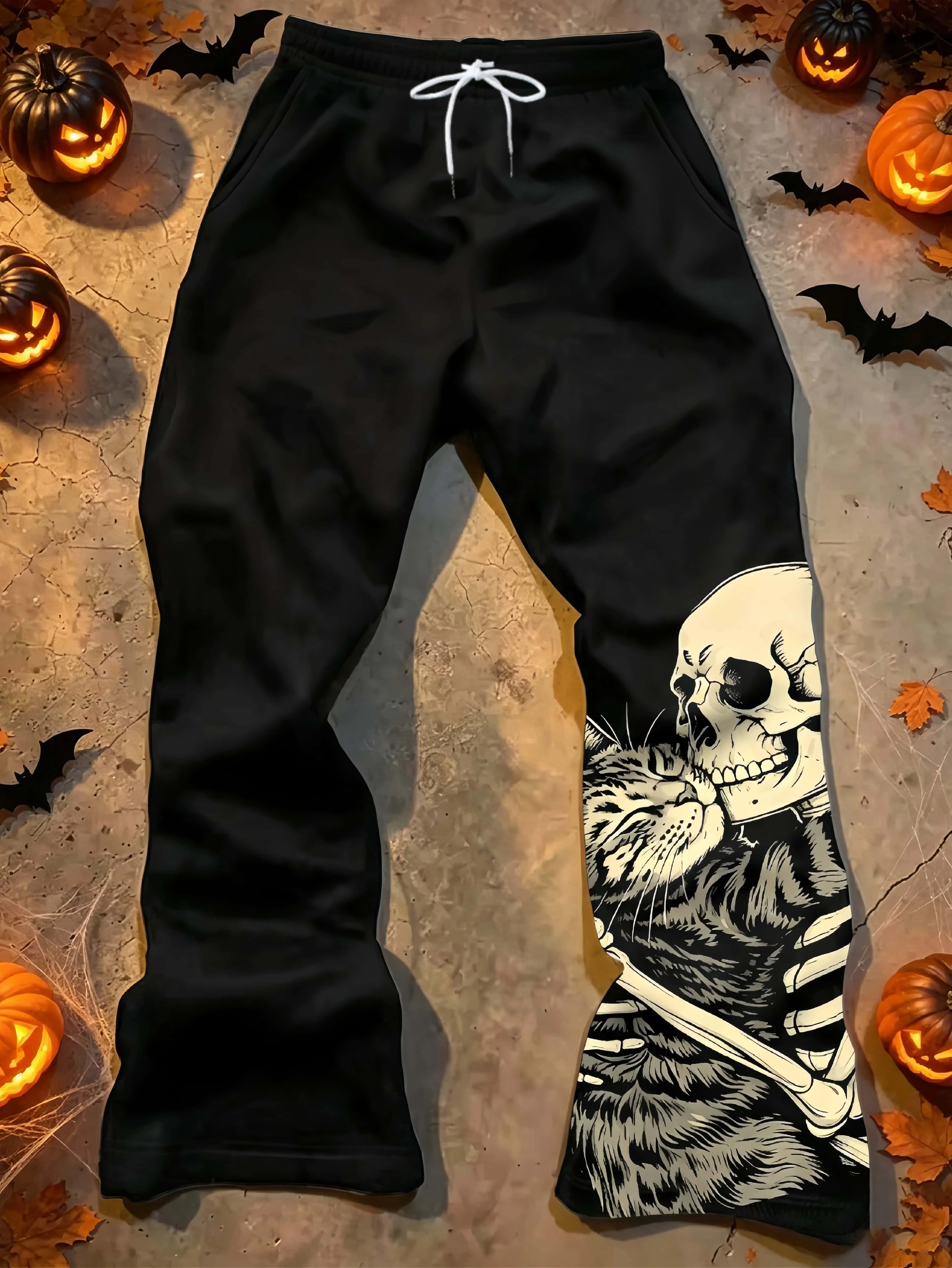 Dark Style Skeleton Cat Micro Pull Casual Pants for Men's Halloween Theme Elastic Drawstring Printed Wide Leg Pants