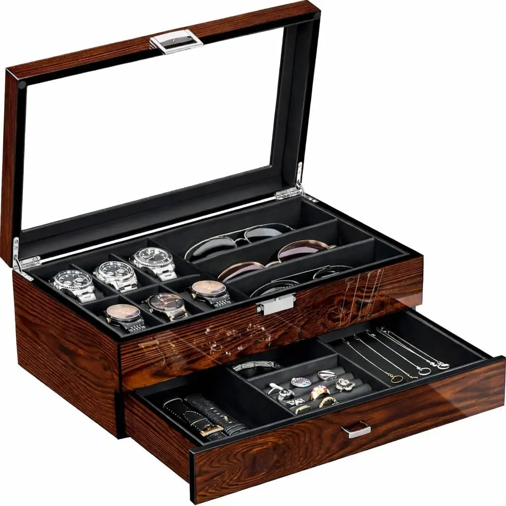

Men's Wooden Watch Box Organizer with Glass Lid, 6 Watch Slots & 3 Sunglasses Compartments, PU Leather Interior