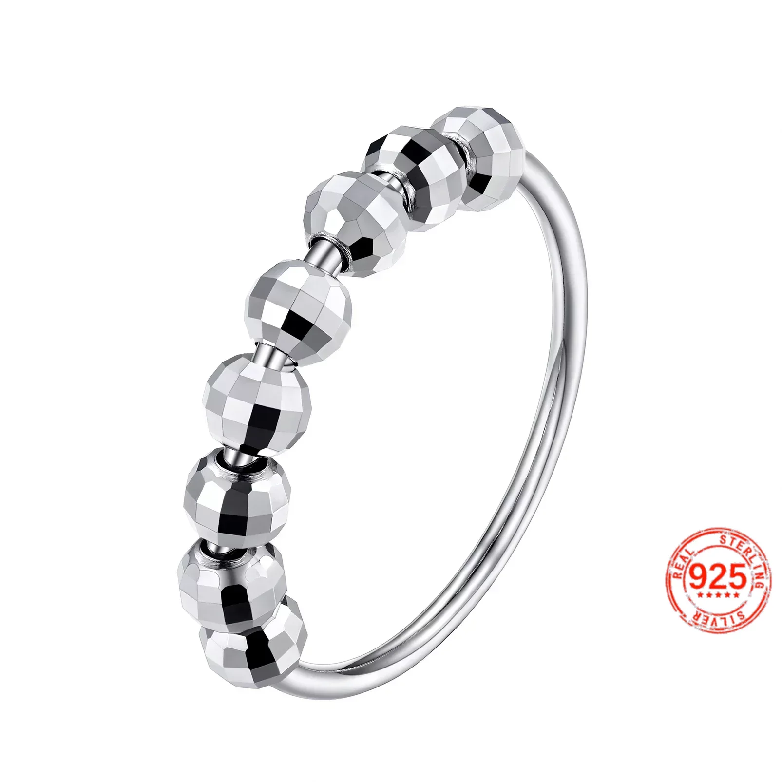 925 Sterling Silver Face Cutted Round Balls Silver Beaded Ring for Woman Size 5 To 11 Stackable Simple Daily Jewelry QC24