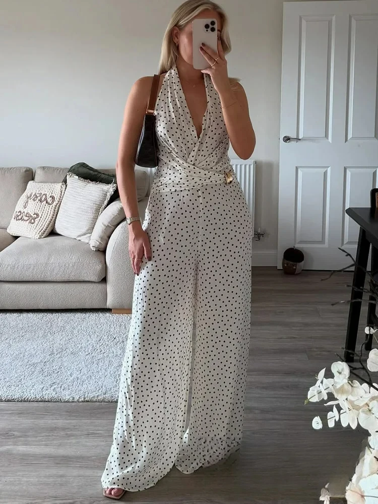 

KONDALA осенний сексуальный шикарный женский комбинезон в горошек с лямкой на шее и открытой спиной на молнии, длинные свободные брюки, новая мода 2025, осенний праздничный шикарный боди